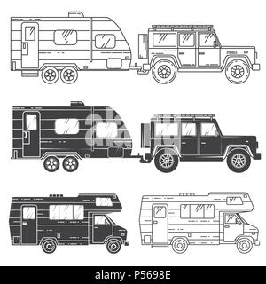 Set of camper vans icons. Thin line icons and silhouettes. Vector illustration. Stock Vector