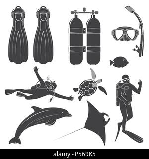 Scuba diving gear and divers. Vector illustration. Set include dive mask, snorkel, fins, divers and sea animals. Elements on the theme of the diving s