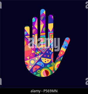 Human hand with colorful shape decoration on isolated background. Concept illustration. EPS10 vector. Stock Vector