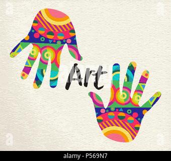 Colorful human hands for art concept. Hand prints with abstract color shape decoration on paper texture background. EPS10 vector. Stock Vector