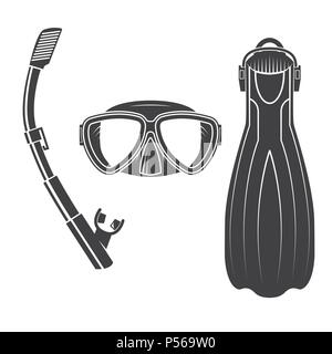 Scuba diving gear. Vector illustration. Set include dive mask, snorkel and fins. Vintage typography design with diver and sharks silhouette. Elements  Stock Vector