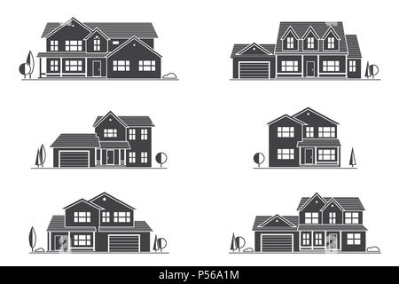 Vector silhouette suburban american house. For web design and application interface, also useful for infographics. Family house icon isolated on white Stock Vector