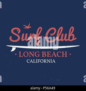 Surf club retro badge with board. Surfing concept for shirt or logo, print, stamp, tee. Vector illustration. Stock Vector