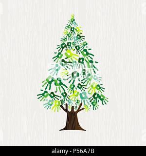 Pine tree made of green human hands. Nature help concept, Environment group or earth care teamwork. EPS10 vector. Stock Vector