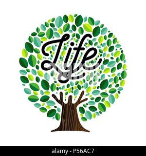 Life tree illustration concept, green leaves with text quote for conceptual design. EPS10 vector. Stock Vector