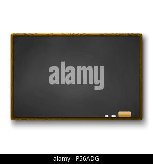 Empty blackboard with wooden frame and piece of chalk and eraser. Template of chalkboard for banner. Vector illustration Stock Vector