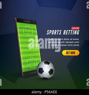 Sports betting online web banner concept. Mobile phone with socer field on screen and ball. Vector illustration Stock Vector