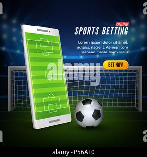 Sports betting online web banner concept. Soccer stadium background and smartphone with football field on screen and ball. Vector illustration Stock Vector