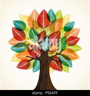 Tree with wood texture and autumn color leaves. Concept illustration for environment care or nature help project. EPS10 vector. Stock Vector