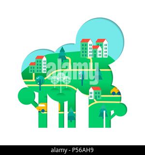 Tree with green city paper cutout. Environment care concept for nature help. Sustainable community includes wind mill turbine, electric cars and smart Stock Vector