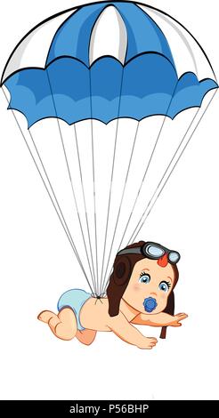 Its a boy cartoon vector clip art with cute baby in pilot hat falling down with red parachute isolated on white background. Baby shower greeting card  Stock Vector