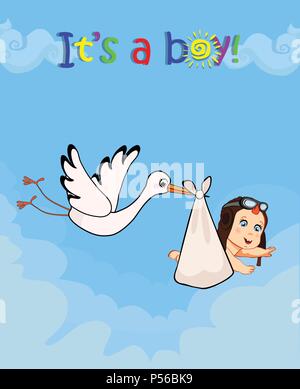 Its a boy cartoon vector illustration with stork carrying cute baby in pilot hat on blue cloudy sky background. Baby shower greeting card. Newborn bab Stock Vector