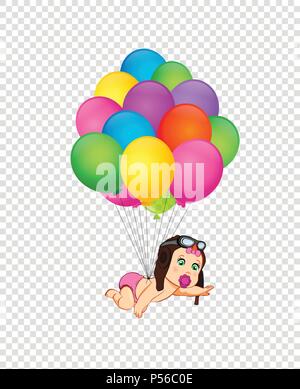 Its a girl cartoon vector illustration with cute baby girl in pilot hat flying on bunch of colorful helium balloons on transparent background. Baby sh Stock Vector