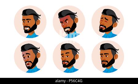 Arab Man Avatar People Vector. Arab, Muslim. Comic Emotions. Flat Handsome Manager. Happy, Unhappy. Laugh, Angry. Cartoon Character Illustration Stock Vector