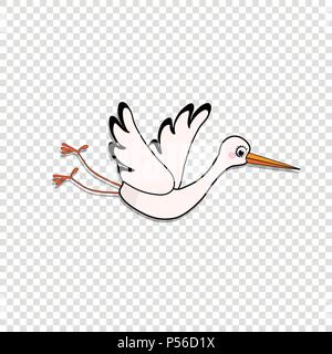 Cartoon vector illustration, clip art or sticker of cute flying stork isolated on transparent background. Stock Vector