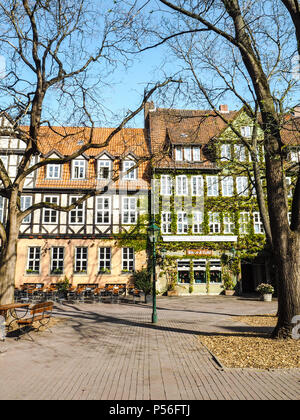 Traditional half-timbered buildings at the Ballhofplatz square in the old town and city center of Hannover Germany Stock Photo