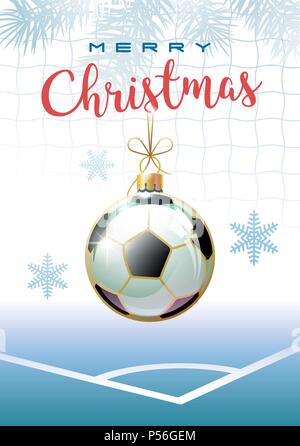 Merry Christmas. Sports greeting card. Realistic soccer ball in the shape of a christmas ball. Vector illustration. Stock Vector