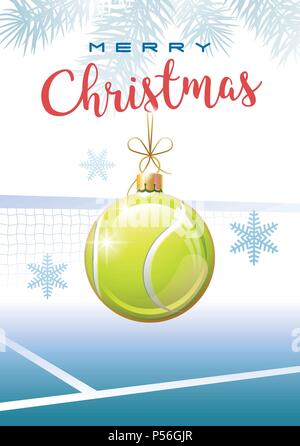 Merry Christmas. Sports greeting card. Realistic tennis ball in the shape of a christmas ball. Vector illustration. Stock Vector