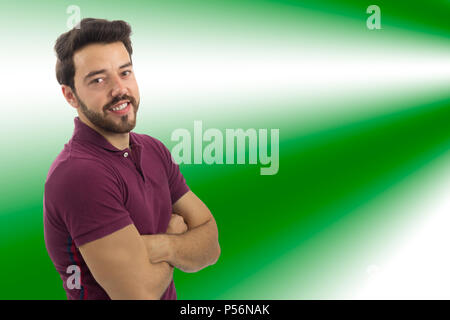 Friendly and confident man. Concept of confidence and security. Beautiful and bearded person. He is wearing a magenta polo shirt. White background, is Stock Photo