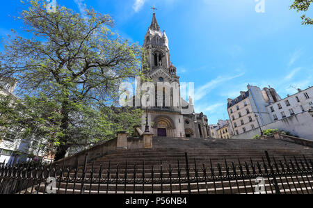 The Church of Our Lady of the Holy Cross of Menilmontant- Notre-Dame-de-la-Croix de Menilmontant in French is a Roman Catholic parish church located on M nilmontant, in the 20th arrondissement of Paris. Stock Photo