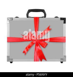 Construction, repair, tools - Grey gift box red bow case for tools isolated on white background. Stock Photo