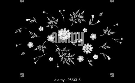 Tiny field flower realistic embroidery. Wild herbs daisy textile print decoration black fashion traditional vector illustration vintage design template. Monochrome white lace ditsy ornament Stock Vector