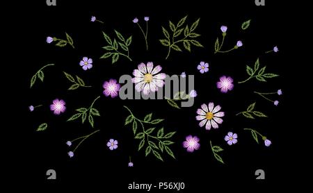 Tiny field flower realistic embroidery. Wild herbs daisy textile print decoration black fashion traditional vector illustration vintage design template. Chamomile plant floral ditsy ornament Stock Vector