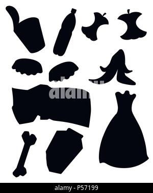 Black silhouette. Garbage collection icon. Trash set. Plastic, organic and metal waste. Black vector illustration. Isolated on white background. Stock Vector