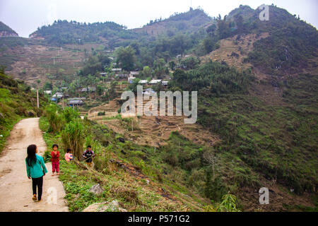 Ha Giang, Vietnam - March 18, 2018: Life in a village surrounded by mountains and fog in the northernmost province of Vietnam Stock Photo