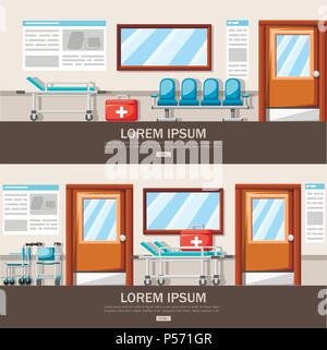 Empty hospital corridor. Clinic hallway interior with armchair in a row and hospital bed. First aid kit. Medical concept. Vector illustration. Web sit Stock Vector