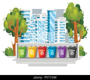 Collection of garbage cans with sorted garbage.Six containers in modern city. Ecology and recycle concept. Flat vector illustration on modern city bac Stock Vector