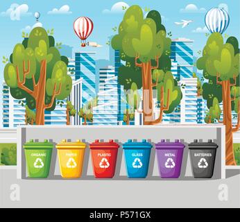 Collection of garbage cans with sorted garbage.Six containers in modern city. Ecology and recycle concept. Flat vector illustration on modern city bac Stock Vector