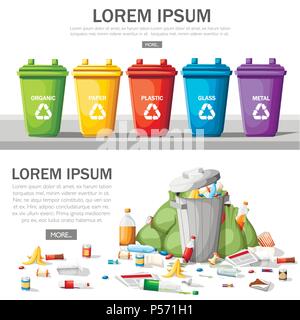 Collection of garbage cans with sorted garbage. Steel garbage bin full of trash. Ecology and recycle concept. Garbage recycling and utilization concep Stock Vector