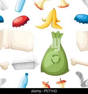 Seamless pattern. Garbage collection icon. Trash set. Plastic, organic and metal waste. Colorful vector illustration on white background. Stock Vector