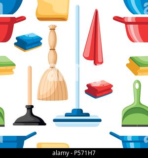 Seamless pattern. Cleaning set objects. Plastic dustpan and bowl. Mop, plunger and rags. Flat design style. Vector illustration on white background. Stock Vector