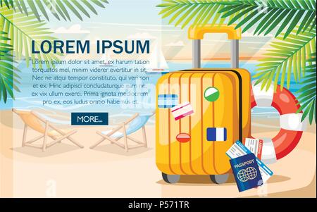 Summer vacation concept. Yellow luggage, passport, ticket on summer beach. Flat style design. Vector illustration on beach background with green palm  Stock Vector
