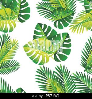 Seamless pattern. Tropical green leaves. Exotical jungle and palm leaf. Vector floral element on white background. Stock Vector