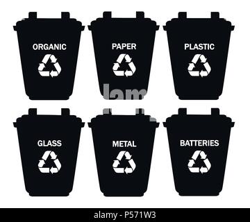 Collection of garbage cans with sorted garbage. Six containers for glass, metal, batteries, plastic, paper, organic. Ecology and recycle concept. Flat Stock Vector