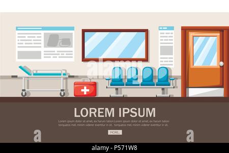 Empty hospital corridor. Clinic hallway interior with armchair in a row and hospital bed. First aid kit. Medical concept. Vector illustration. Web sit Stock Vector