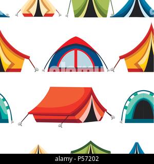 Seamless pattern. Collection of hiking and camping tent. Triangle and dome flat design tents. Colorful vector icons. Tourist camp tents collection. Il Stock Vector