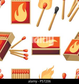 Seamless pattern. Collection of matches. Burning match with fire, opened matchbox, burnt matchstick. Flat design style. Vector illustration on white b Stock Vector