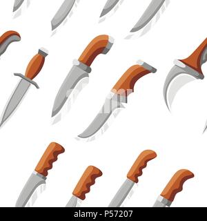 Seamless pattern. Collection of daggers. Tactical and home knives. Stainless steel and wooden handle. Vector illustration on white background. Stock Vector
