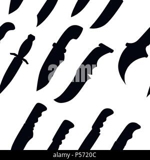 Black silhouette. Seamless pattern. Collection of daggers. Tactical and home knives. Stainless steel and wooden handle. Vector illustration on white b Stock Vector
