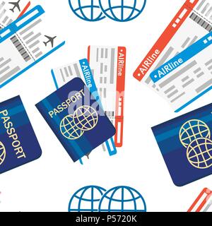 Seamless pattern. Vector passport with tickets. Air travel concept. Flat design citizenship ID for traveler. Blue international document. Illustration Stock Vector