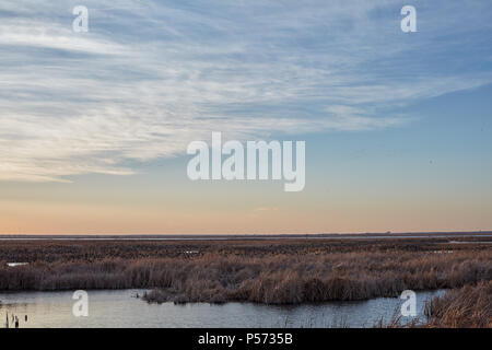 Tranquil sunset over the wetlands at Cheyenne Bottoms, Kansas conservancy with on orange glow on the horizon at dusk Stock Photo