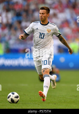 Samara, Russia. 25th June, 2018. Soccer: World Cup, group stages, group A, 3rd matchday Uruguay vs Russia, at Samara Stadium. Russia's Fyodor Smolov in action Credit: Marius Becker/dpa/Alamy Live News Stock Photo