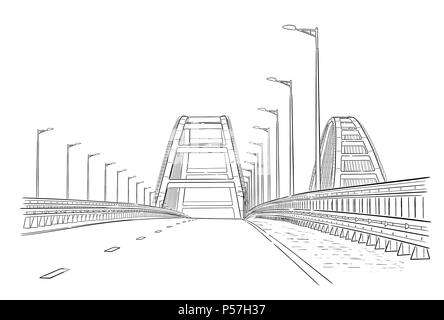 Hand drawn sketch vector illustration of Crimean bridge arks and road Stock Vector