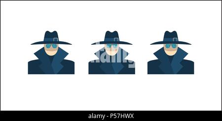 Anonymous Concept, Spy, Hidden, Security, Gangster, Detective, Agent, Hat, Sunglasses Flat Vector Icon. Isolated on White Background. Trendy Flat Styl Stock Vector