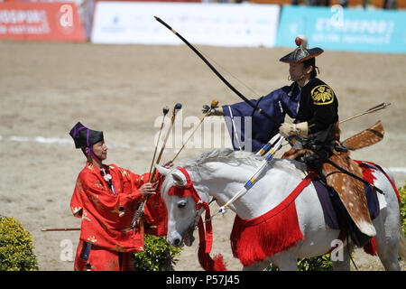 ISTANBUL, TURKEY - MAY 12, 2018: Japanese Yabusame demonstration during Etnospor Culture Festival Stock Photo