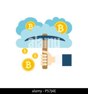 Cloud Mining Concept, Clouds, Bitcoin, Pickaxe Flat Vector Icon. Isolated on White Background. Trendy Flat Style. Stock Vector